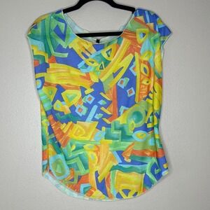 I'VORY VTG Abstract Print Top Colorful Geometric Pattern Sleeveless‎ Blouse XL